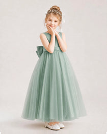 Eucalyptus Flower Girl Dress Pearl Trim Satin Bow Tulle Princess Ball Gown Front Full View