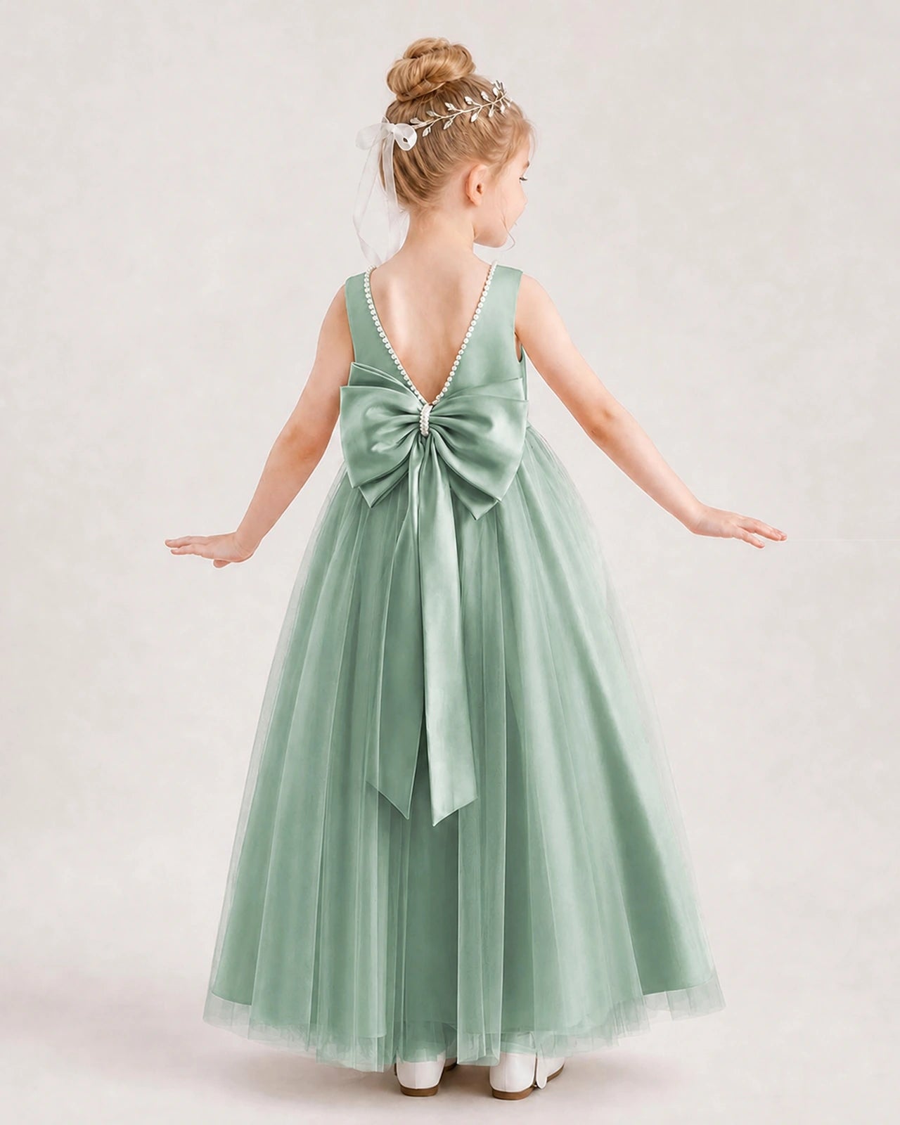 Eucalyptus Flower Girl Dress Pearl Trim Satin Bow Tulle Princess Ball Gown Back Full View