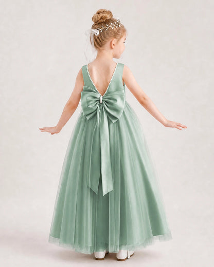 Eucalyptus Flower Girl Dress Pearl Trim Satin Bow Tulle Princess Ball Gown Back Full View