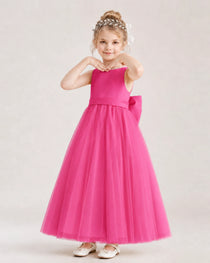 Hot Pink Flower Girl Dress Pearl Trim Satin Bow Tulle Princess Ball Gown Front Full View