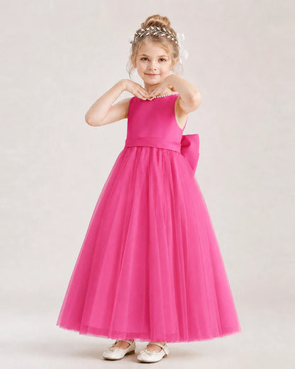 Hot Pink Flower Girl Dress Pearl Trim Satin Bow Tulle Princess Ball Gown Front Full View