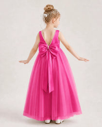 Hot Pink Flower Girl Dress Pearl Trim Satin Bow Tulle Princess Ball Gown Back Full View