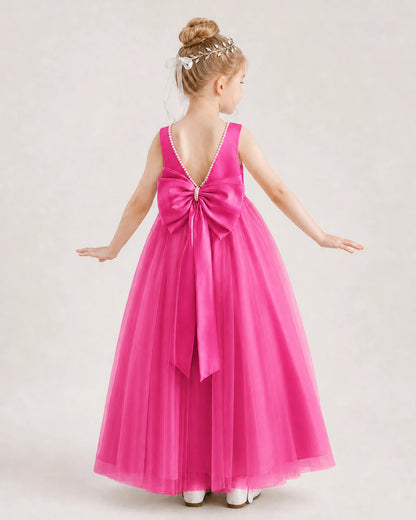 Hot Pink Flower Girl Dress Pearl Trim Satin Bow Tulle Princess Ball Gown Back Full View