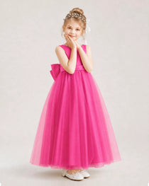 Hot Pink Flower Girl Dress Pearl Trim Satin Bow Tulle Princess Ball Gown Front Full View