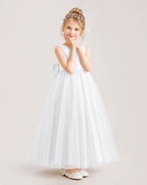 Ivory Flower Girl Dress Pearl Trim Satin Bow Tulle Princess Ball Gown Front Full View