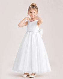 Ivory Flower Girl Dress Pearl Trim Satin Bow Tulle Princess Ball Gown Front Full View