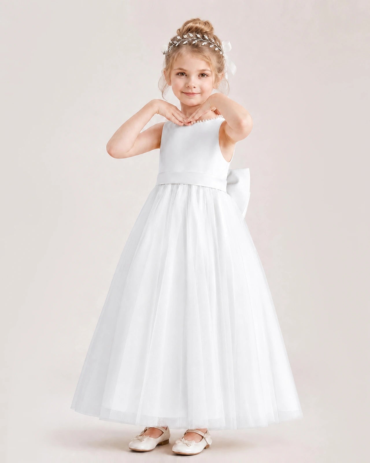 Ivory Flower Girl Dress Pearl Trim Satin Bow Tulle Princess Ball Gown Front Full View