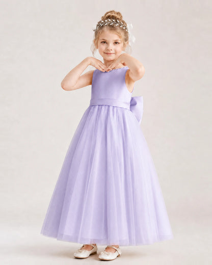 Lavender Flower Girl Dress Pearl Trim Satin Bow Tulle Princess Ball Gown Front Full View