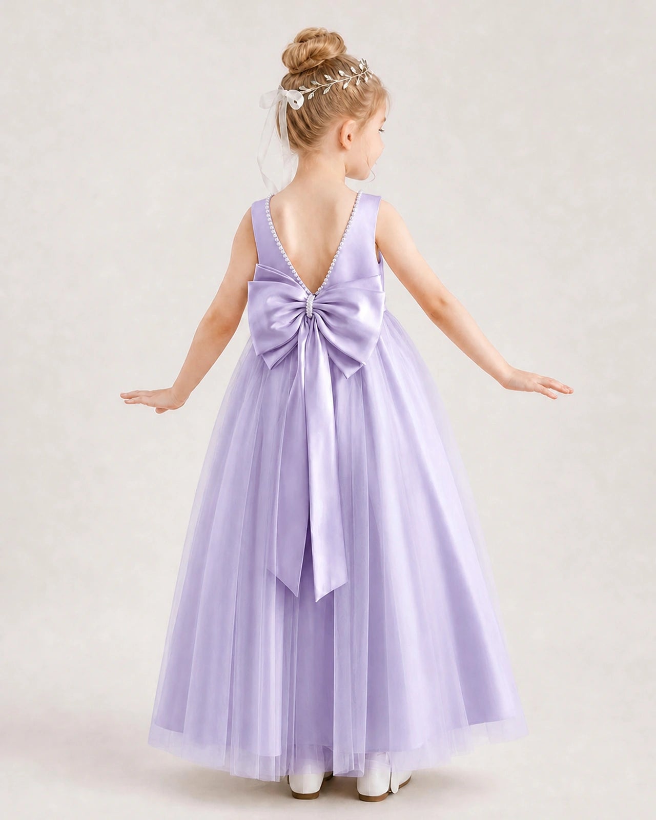 Lavender Flower Girl Dress Pearl Trim Satin Bow Tulle Princess Ball Gown Back Full View