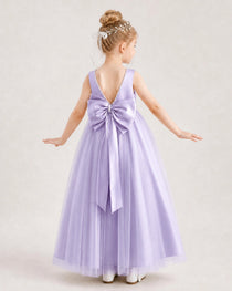 Lavender Flower Girl Dress Pearl Trim Satin Bow Tulle Princess Ball Gown Back Full View