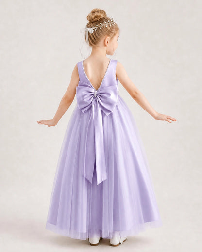 Lavender Flower Girl Dress Pearl Trim Satin Bow Tulle Princess Ball Gown Back Full View