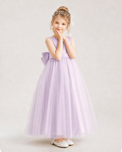 Lilac Flower Girl Dress Pearl Trim Satin Bow Tulle Princess Ball Gown Front Full View