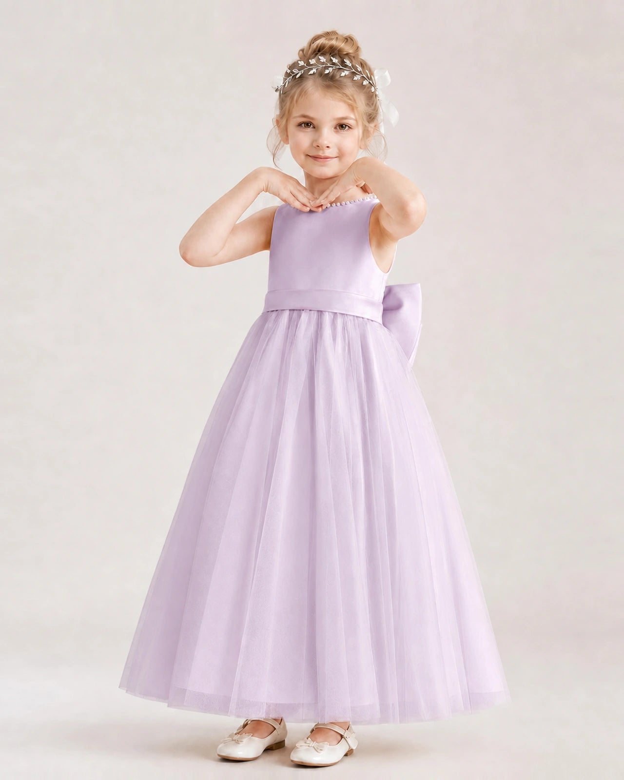 Lilac Flower Girl Dress Pearl Trim Satin Bow Tulle Princess Ball Gown Front Full View