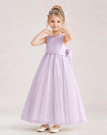 Lilac Flower Girl Dress Pearl Trim Satin Bow Tulle Princess Ball Gown Front Full View