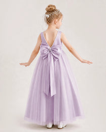 Lilac Flower Girl Dress Pearl Trim Satin Bow Tulle Princess Ball Gown Back Full View