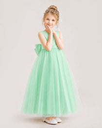 Mint Green Flower Girl Dress Pearl Trim Satin Bow Tulle Princess Ball Gown Front Full View