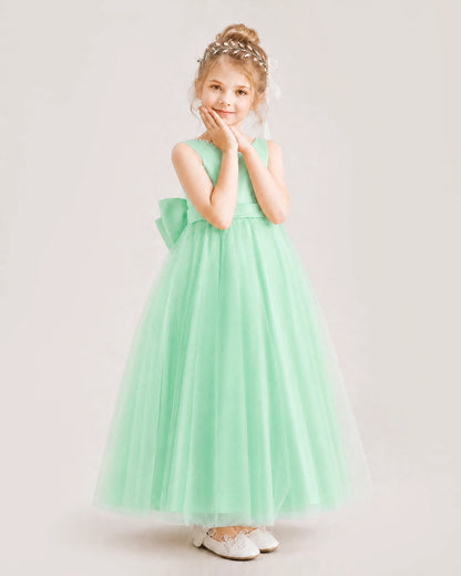 Mint Green Flower Girl Dress Pearl Trim Satin Bow Tulle Princess Ball Gown Front Full View