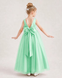 Mint Green Flower Girl Dress Pearl Trim Satin Bow Tulle Princess Ball Gown Back Full View