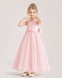 Pink Flower Girl Dress Pearl Trim Satin Bow Tulle Princess Ball Gown Front Full View