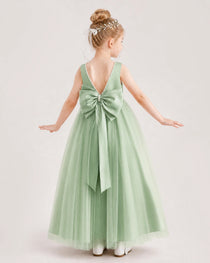 Sage Green Flower Girl Dress Pearl Trim Satin Bow Tulle Princess Ball Gown Back Full View