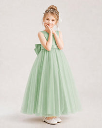 Sage Green Flower Girl Dress Pearl Trim Satin Bow Tulle Princess Ball Gown Front Full View