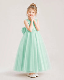 Turquoise Flower Girl Dress Pearl Trim Satin Bow Tulle Princess Ball Gown Front Full View