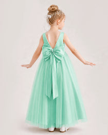 Turquoise Flower Girl Dress Pearl Trim Satin Bow Tulle Princess Ball Gown Back Full View