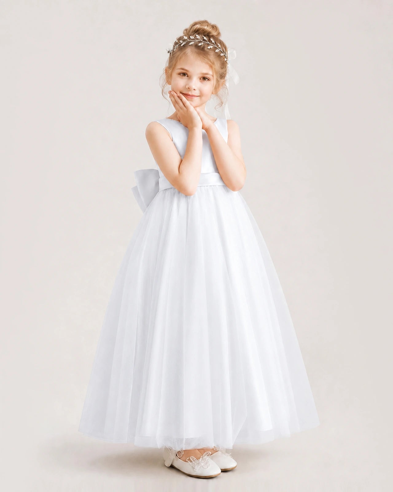 White Flower Girl Dress Pearl Trim Satin Bow Tulle Princess Ball Gown Front Full View