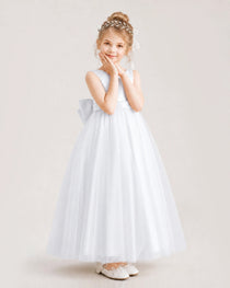 White Flower Girl Dress Pearl Trim Satin Bow Tulle Princess Ball Gown Front Full View