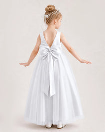 White Flower Girl Dress Pearl Trim Satin Bow Tulle Princess Ball Gown Back Full View