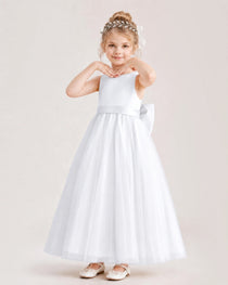 White Flower Girl Dress Pearl Trim Satin Bow Tulle Princess Ball Gown Front Full View