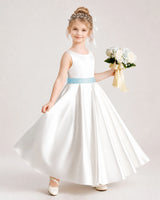 Baby Blue Satin A-line Flower Girl Dress Front View