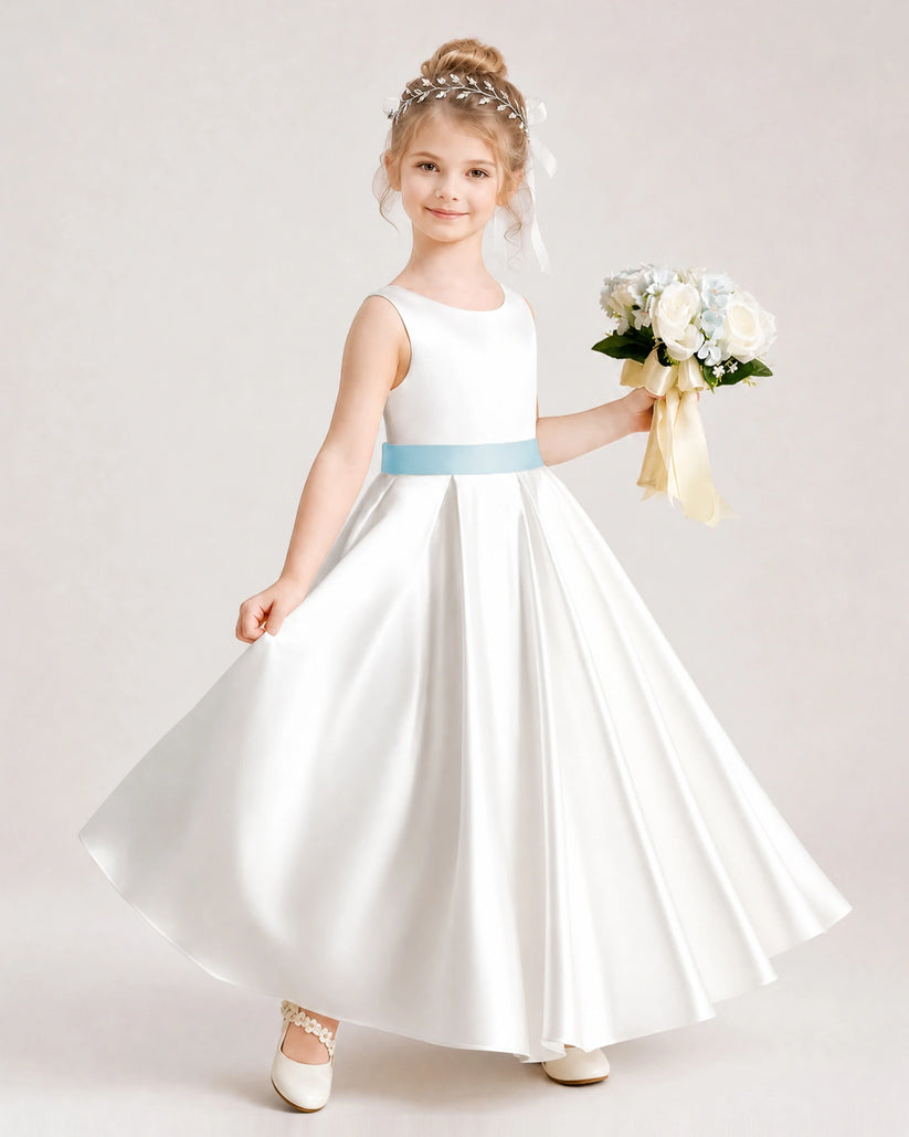Baby Blue Satin A-line Flower Girl Dress Front View