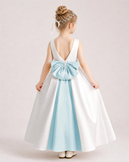 Baby BlueSatin Flower Girl Dress Back View