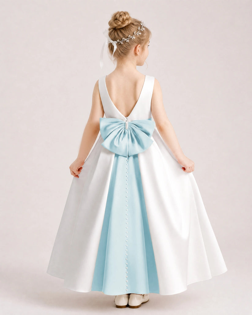 Baby Blue Satin A-line Flower Girl Dress Back View
