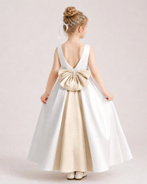 Champagne Satin Flower Girl Dress Back View