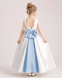 Dusty BlueSatin Flower Girl Dress Back View