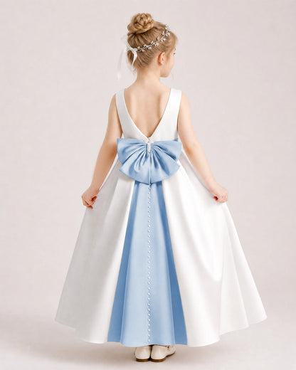 Dusty BlueSatin Flower Girl Dress Back View