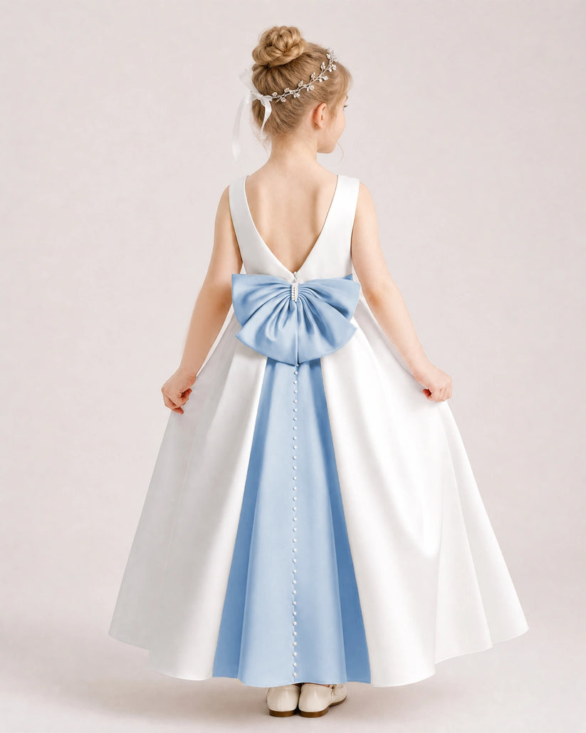 Dusty Blue Satin A-line Flower Girl Dress Back View