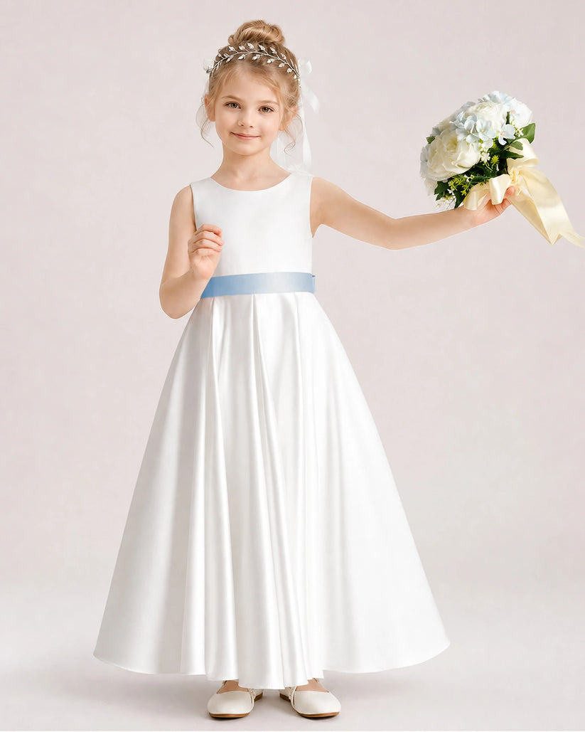 Dusty BlueSatin Flower Girl Dress Front View