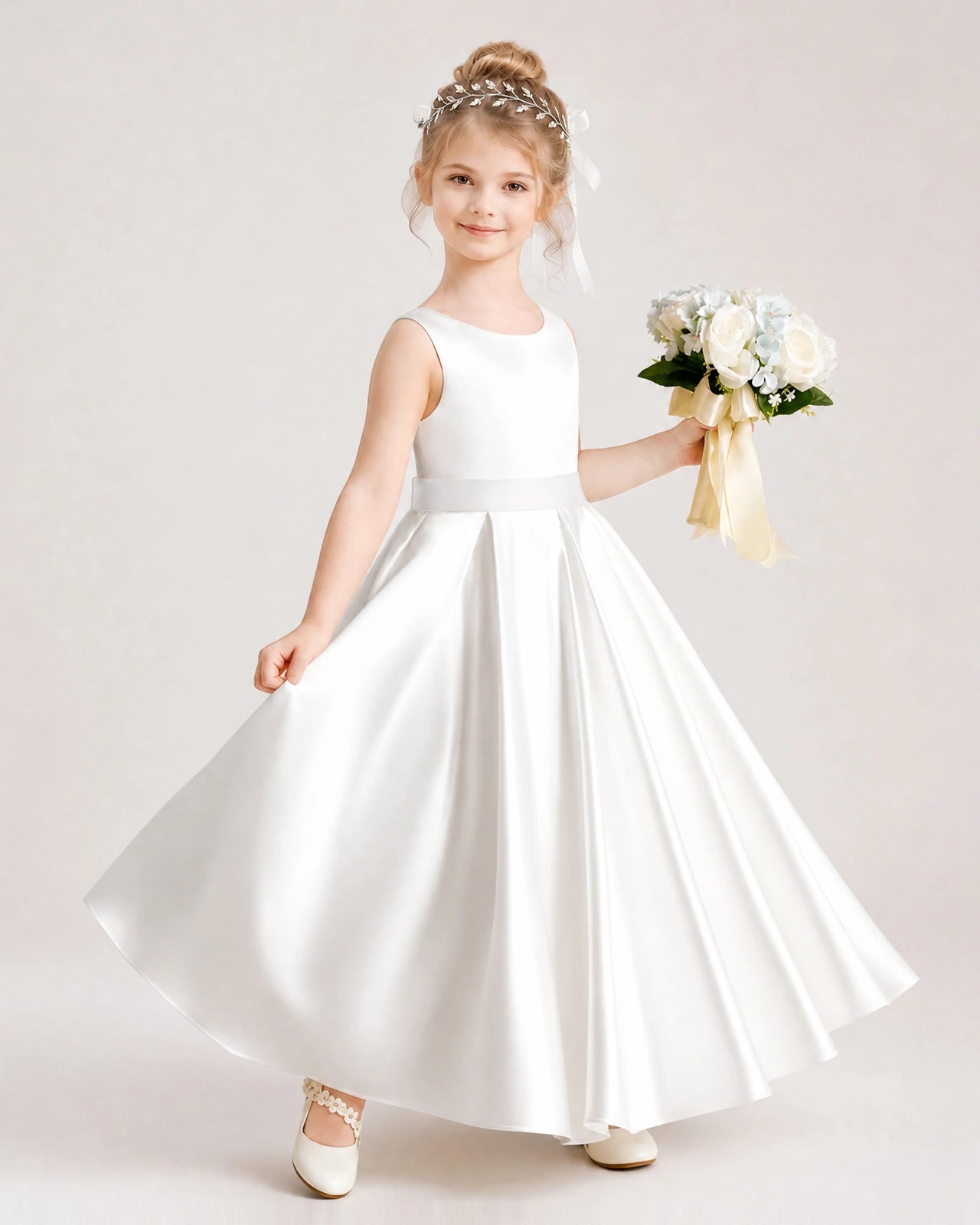 Ivory Satin Flower Girl Dress Side View