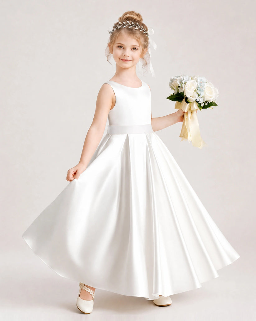 Ivory Satin A-line Flower Girl Dress Front View
