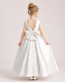 Ivory Satin Flower Girl Dress Back View