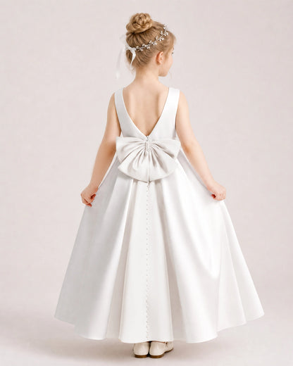 Ivory Satin Flower Girl Dress Back View
