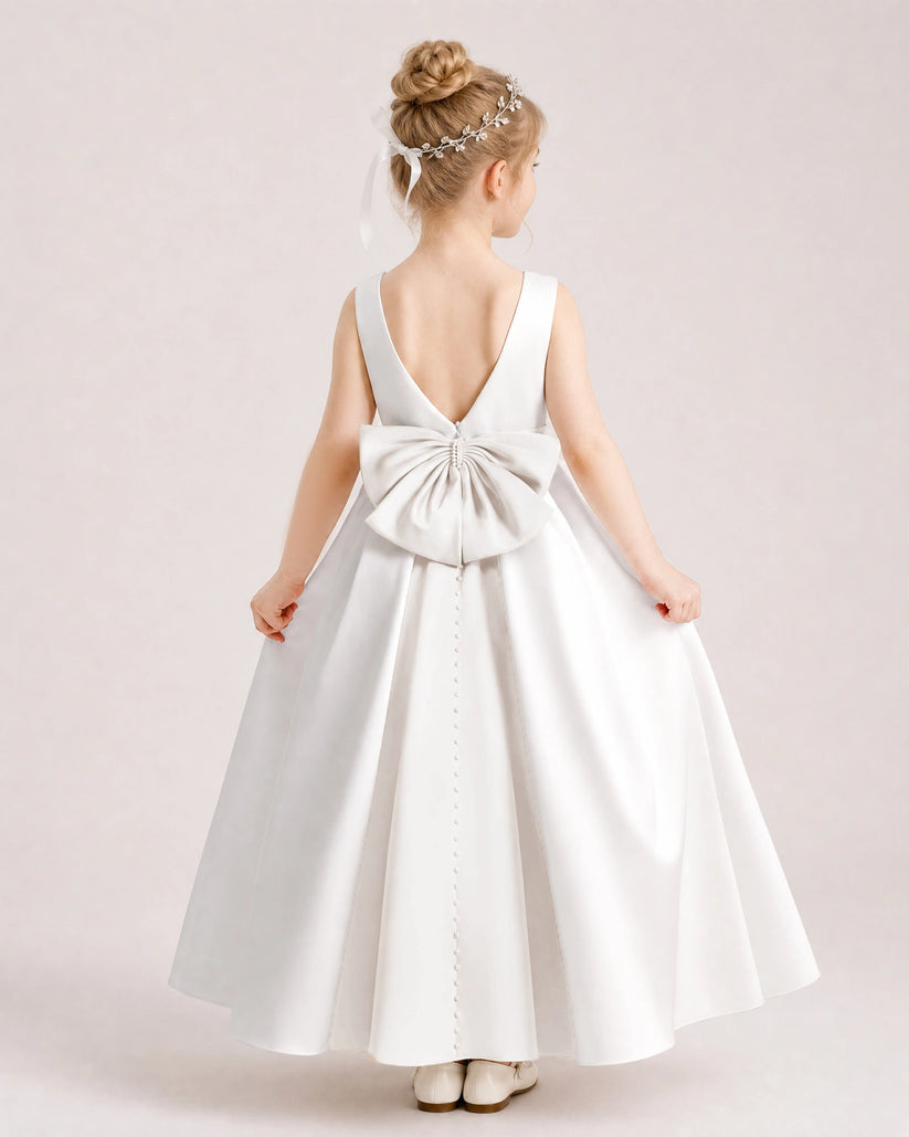 Ivory Satin A-line Flower Girl Dress Back View