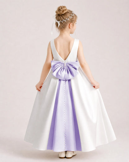 Lavender Satin Flower Girl Dress Back View