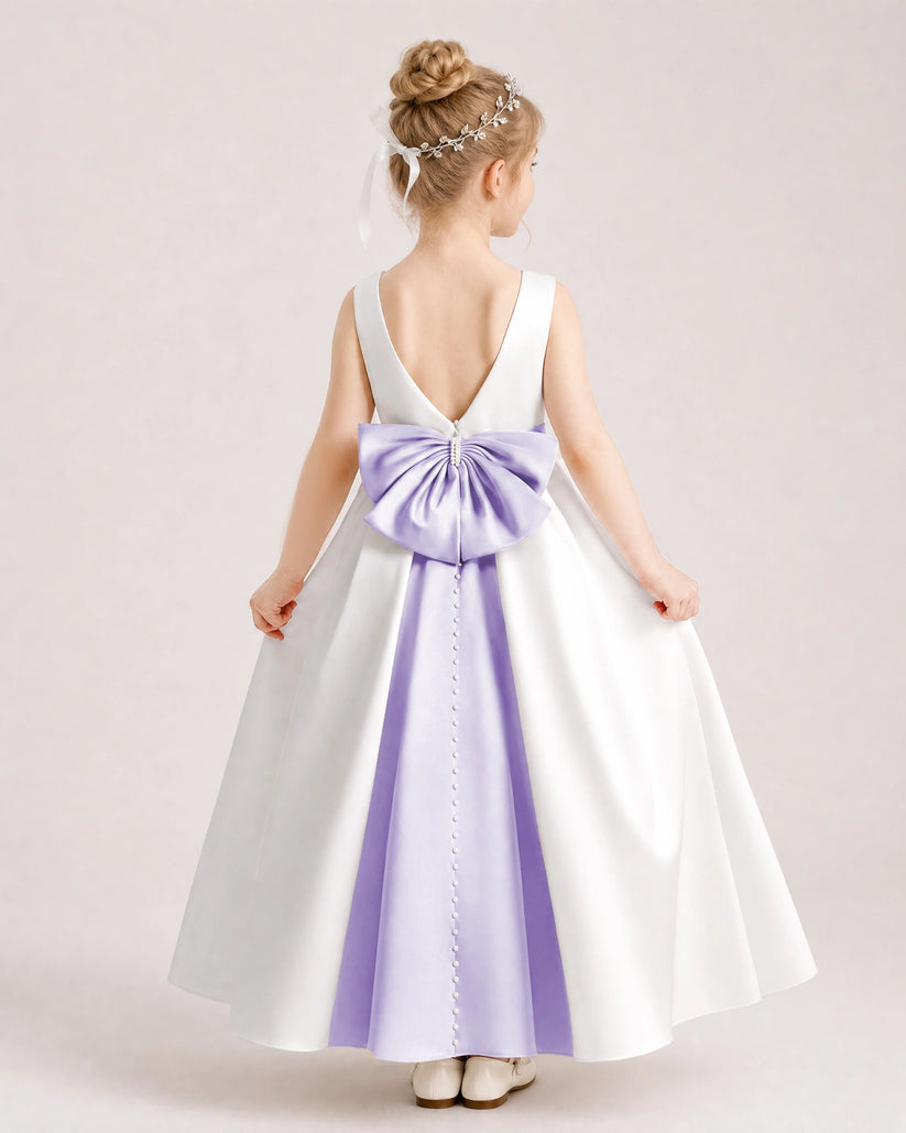 Lavender Satin A-line Flower Girl Dress Back View