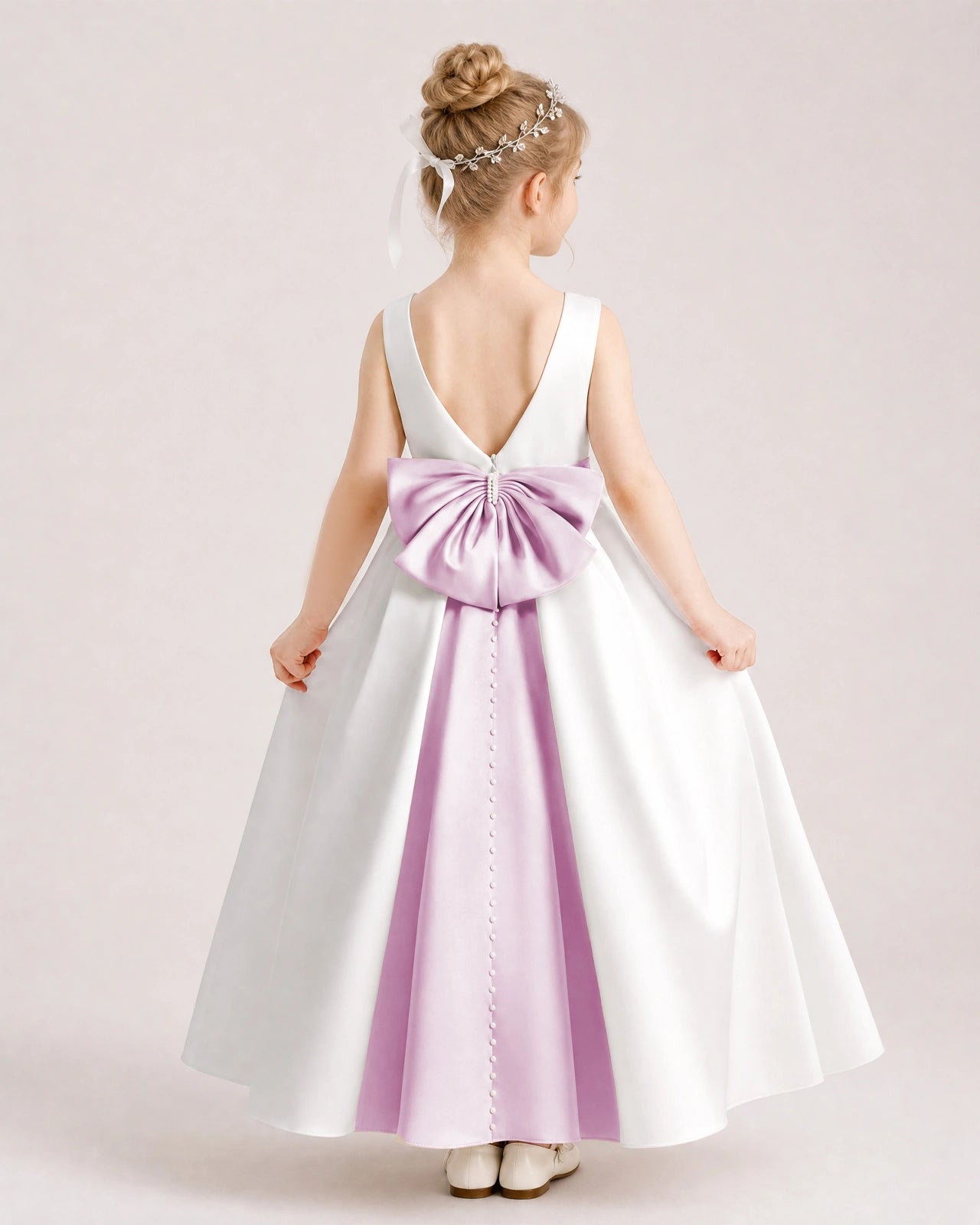 Lilac Satin Flower Girl Dress Back View