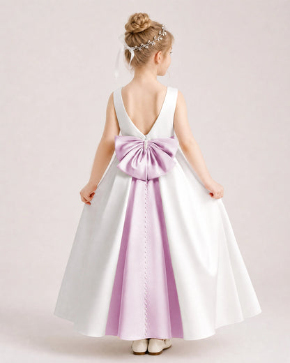 Lilac Satin Flower Girl Dress Back View