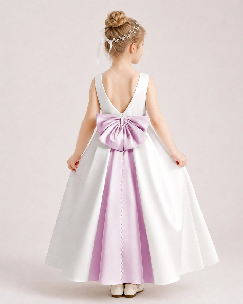 Lilac Satin A-line Flower Girl Dress Back View